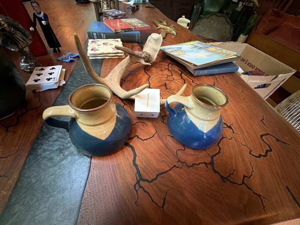 Two-Tone Blue and Tan Hand-Thrown Ceramic Pottery Mugs